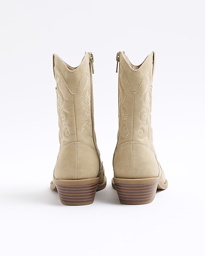 Girls Beige Suedette Western Boots