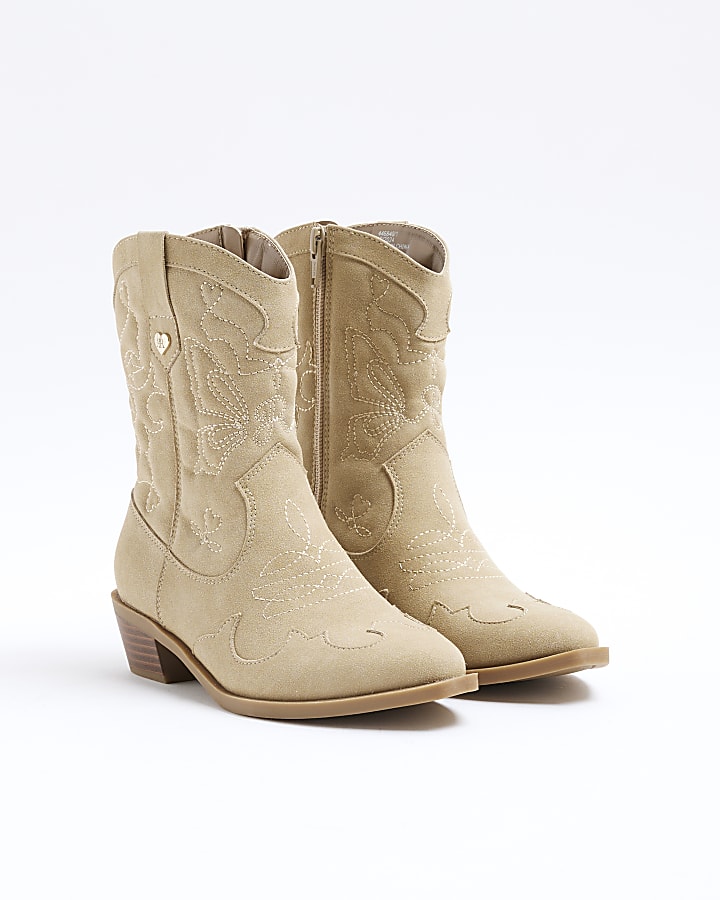 Girls Beige Suedette Western Boots