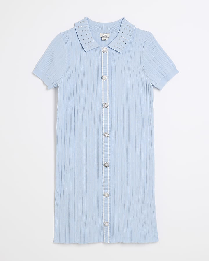 Girls Blue Diamante Collar Polo Dress