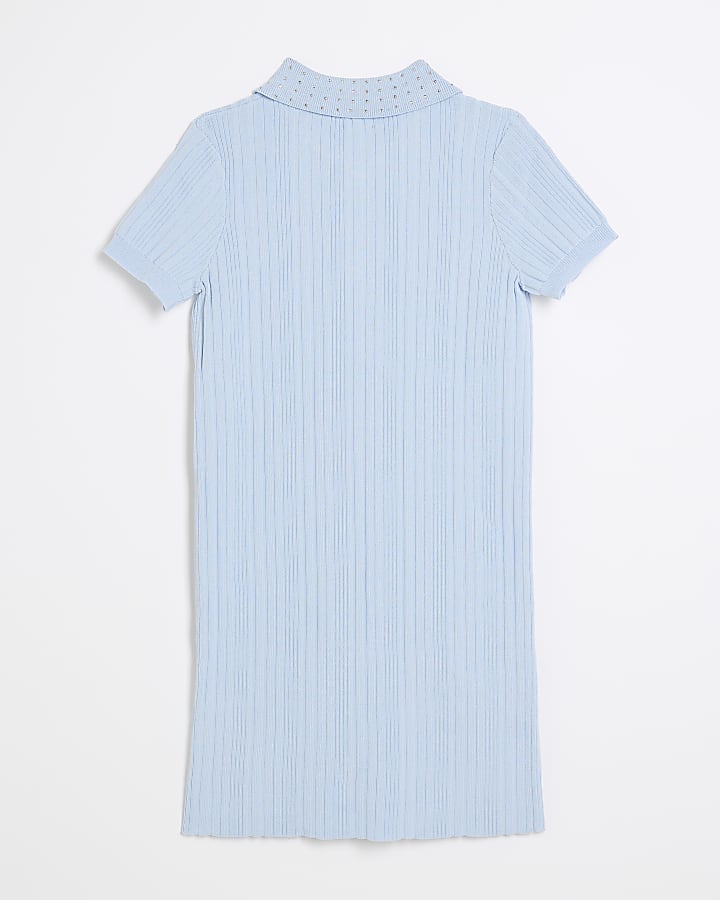 Girls Blue Diamante Collar Polo Dress