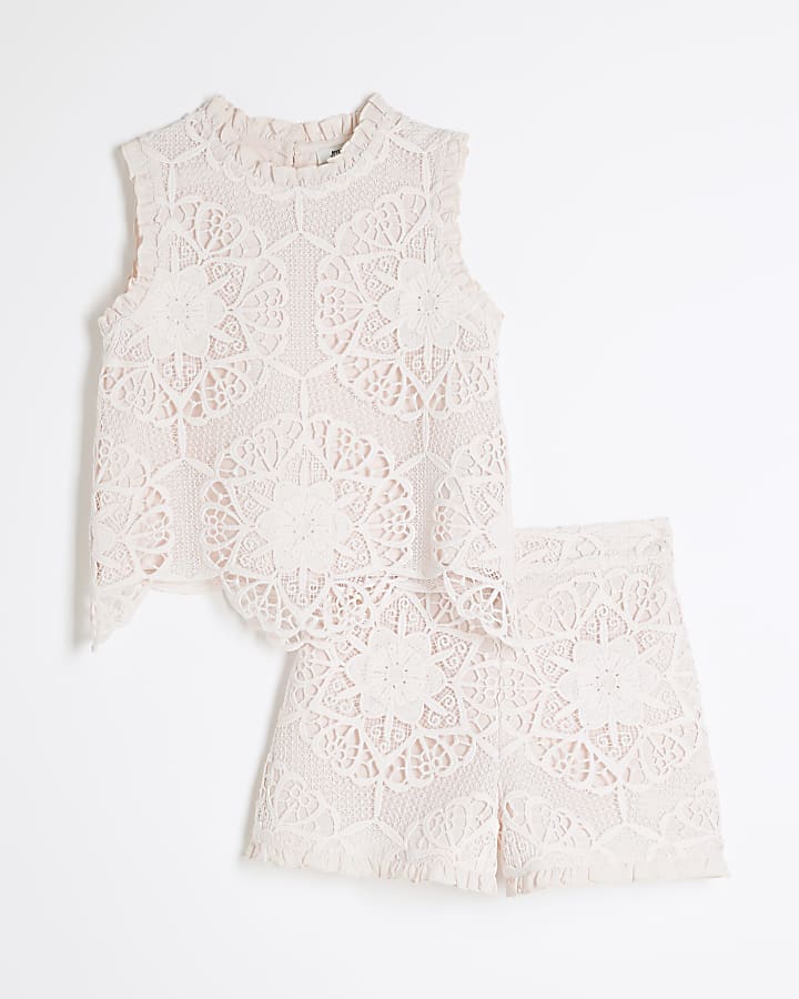 Girls Pink Lace Top And Shorts Set