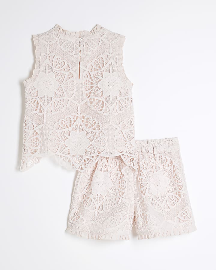 Girls Pink Lace Top And Shorts Set