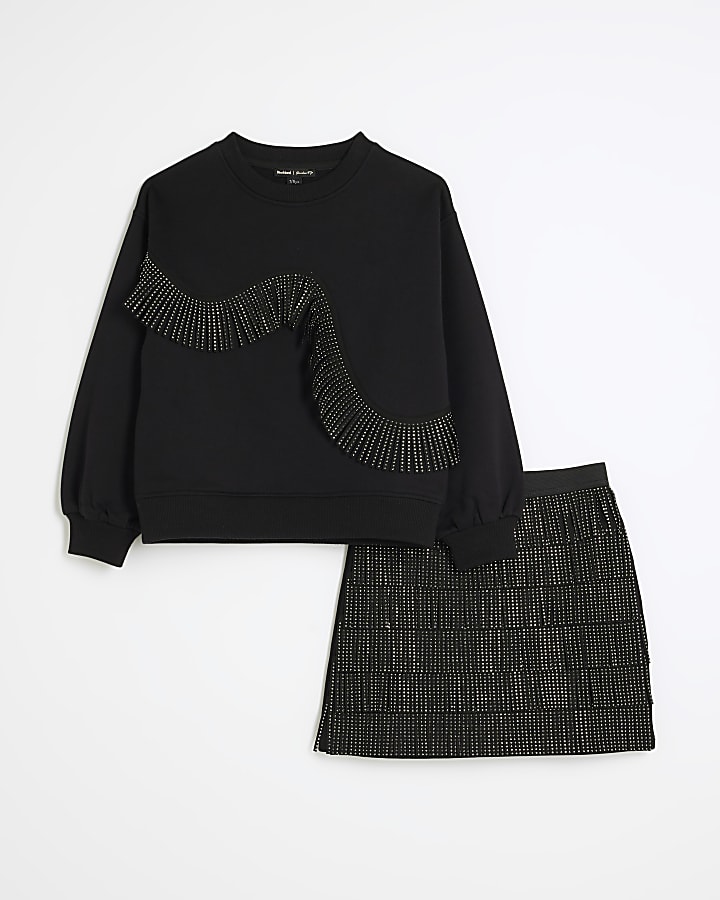 Girls Black Fringed Sweatshirt And Skirt Set