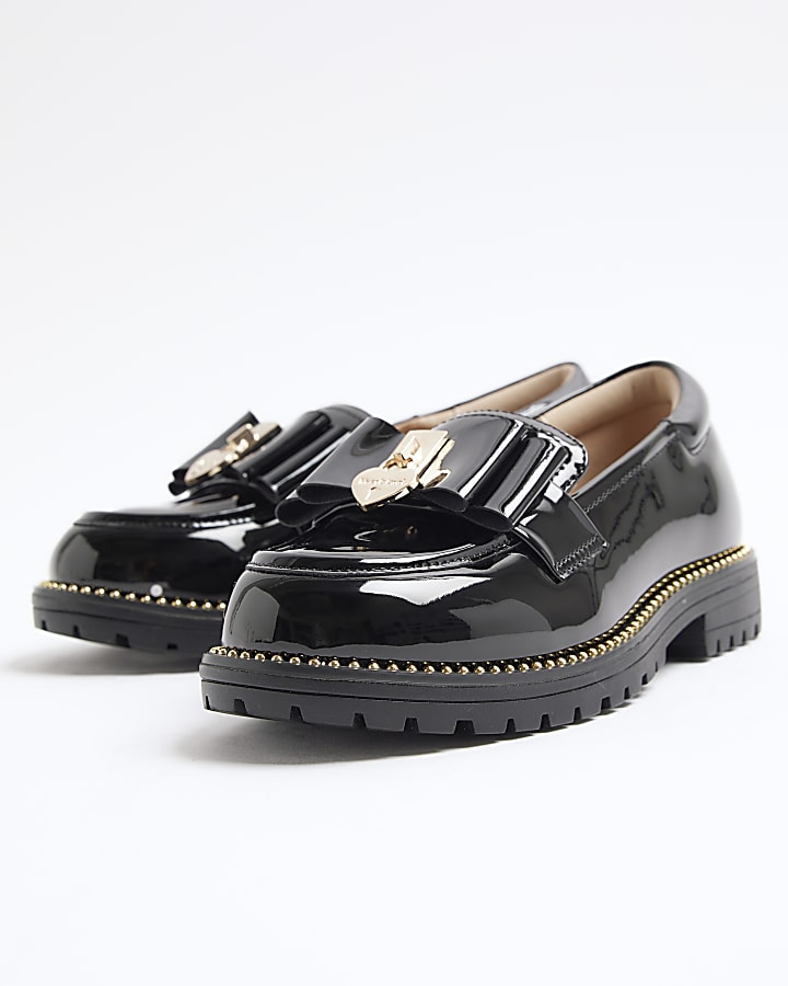 Girls black patent bow loafers