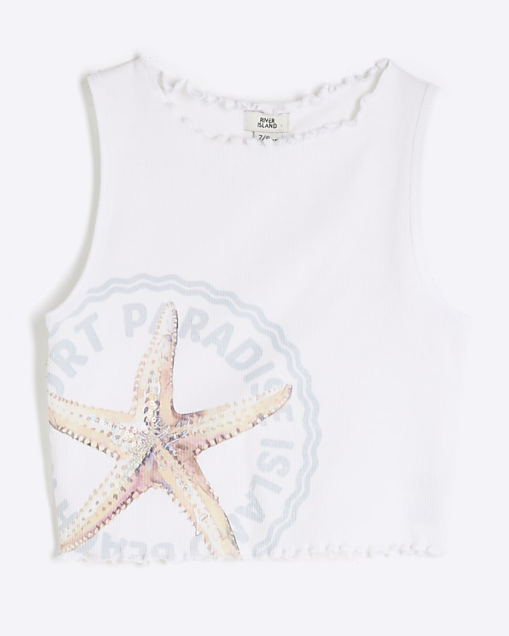 Girls Cream Ribbed Starfish Tank Top