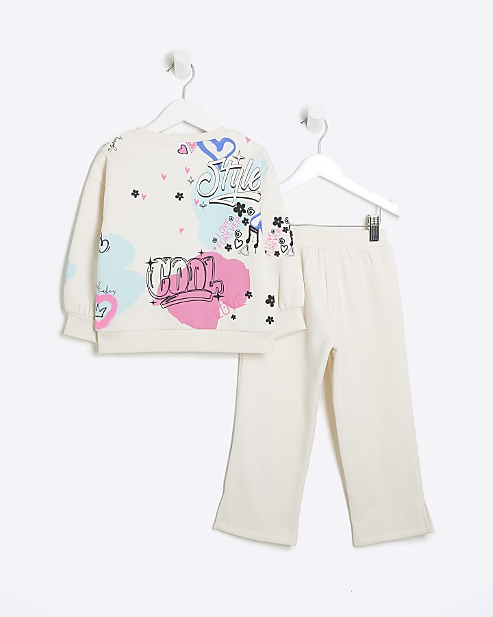 Mini Girls Beige Graffiti Print Sweat Set