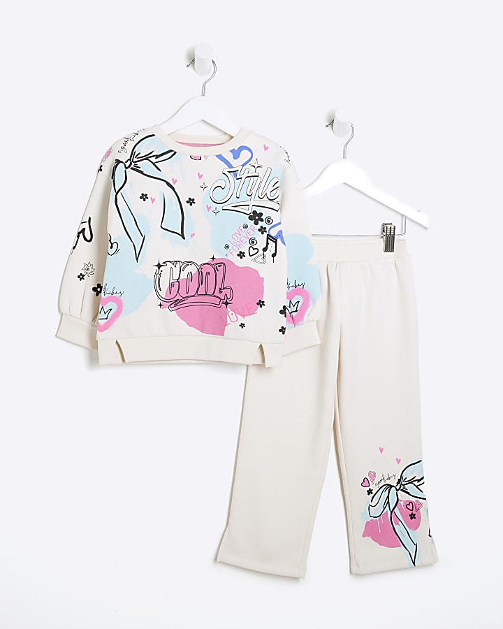 Mini Girls Beige Graffiti Print Sweat Set