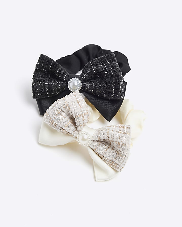 Girls Black Boucle Pearl Bow Scrunchie 2 pack