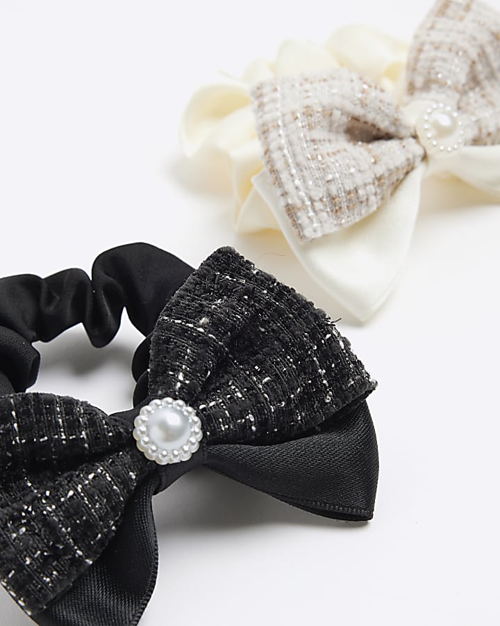 Girls Black Boucle Pearl Bow Scrunchie 2 pack