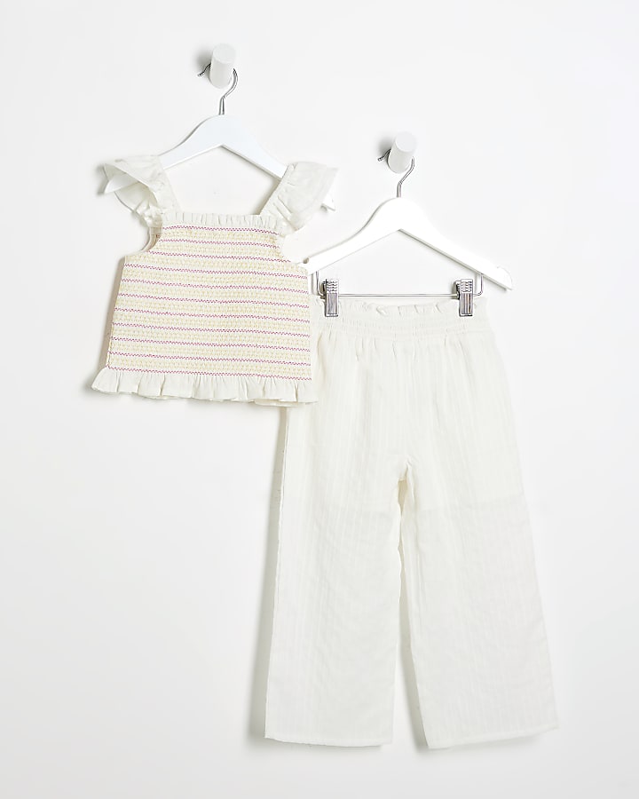 Mini Girls White Shirred Sleeveless Top Set