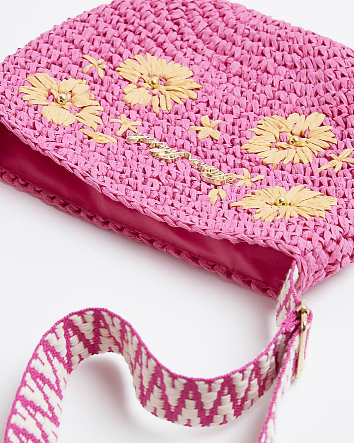 Girls Pink Floral Raffia Cross Body Bag