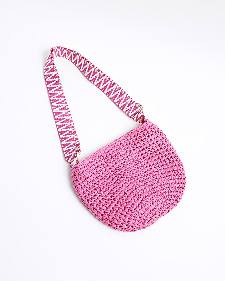 Girls Pink Floral Raffia Cross Body Bag