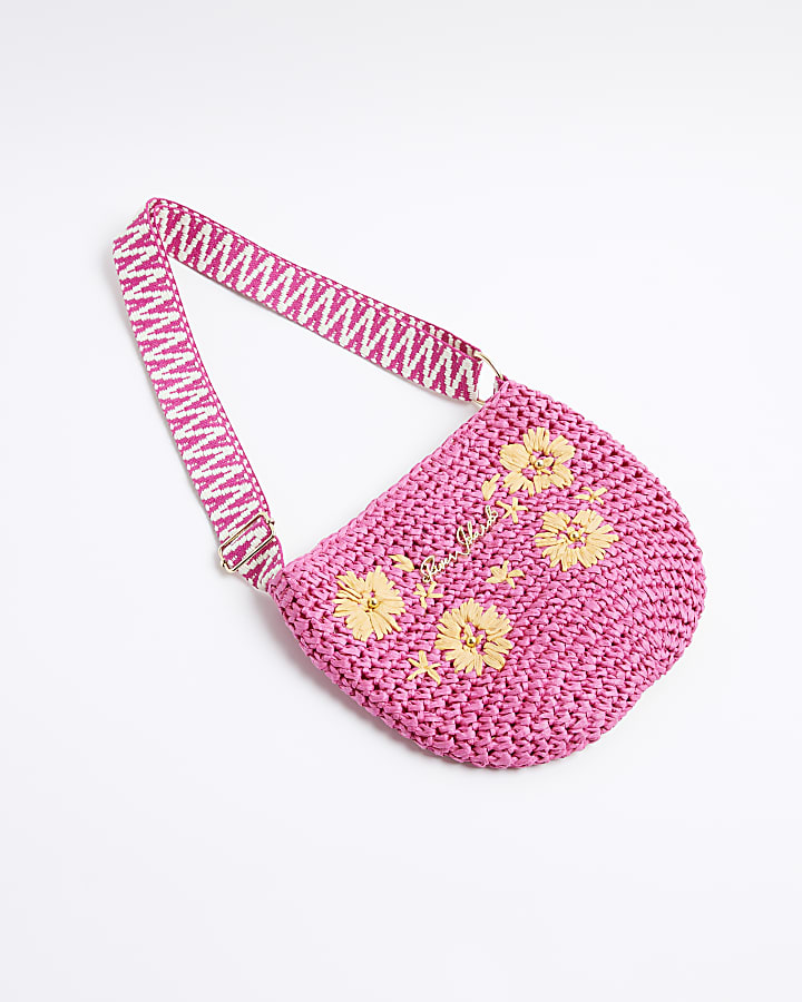 Girls Pink Floral Raffia Cross Body Bag