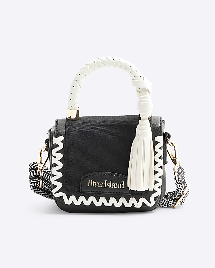 Girls Black Canvas Monochrome Cross Body Bag