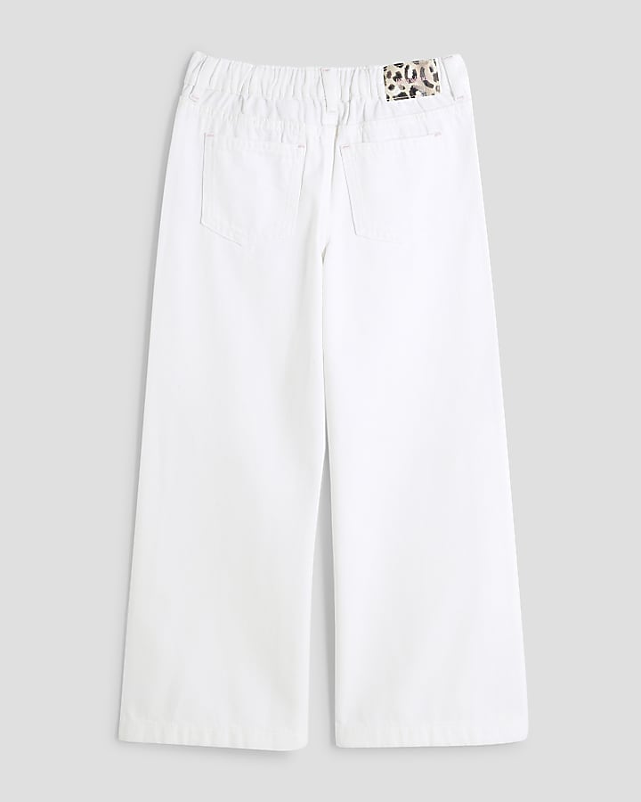 Girls White Denim Wide Leg Jeans