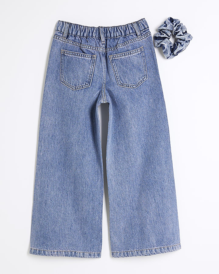 Girls Blue Scrunchie & Wide Leg Jeans Set