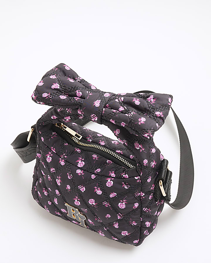 Girls Black Nylon Floral Bow Handle Grab Bag