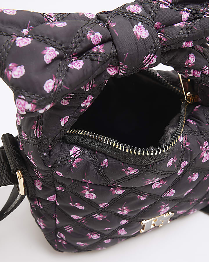 Girls Black Nylon Floral Bow Handle Grab Bag