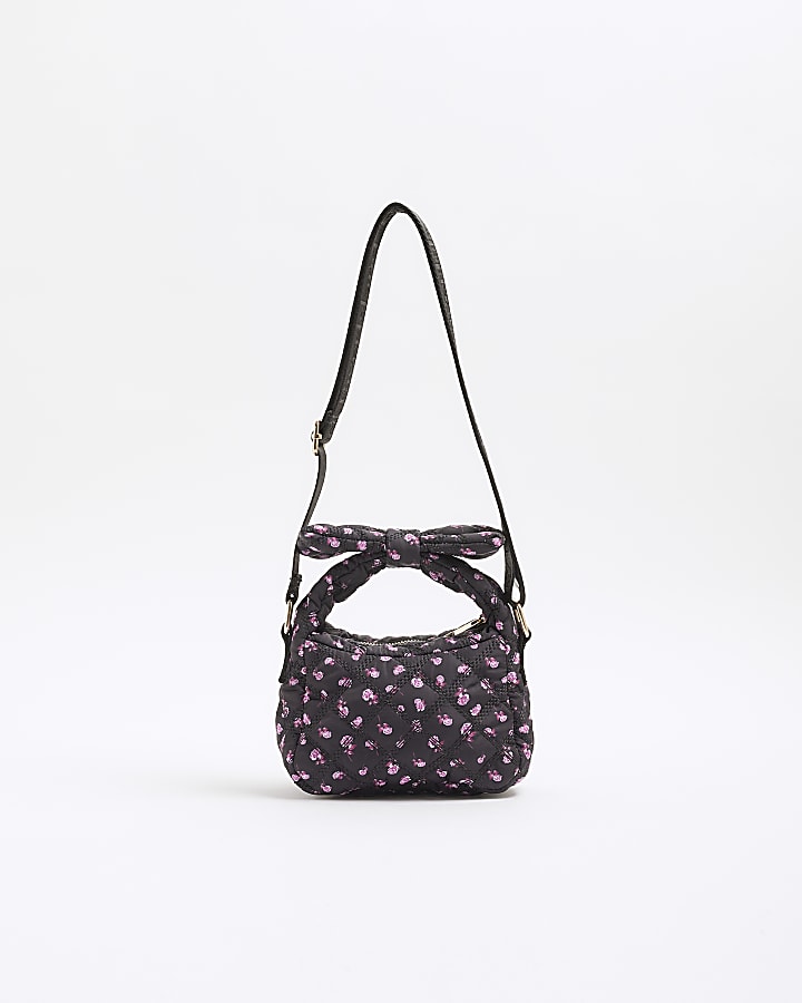 Girls Black Nylon Floral Bow Handle Grab Bag