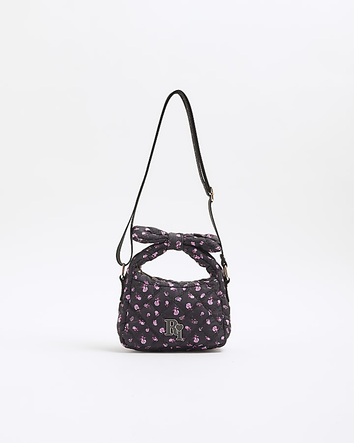 Girls Black Nylon Floral Bow Handle Grab Bag