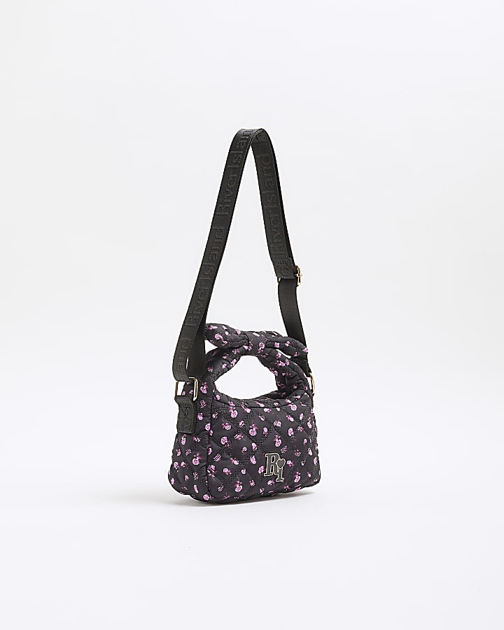 Girls Black Nylon Floral Bow Handle Grab Bag