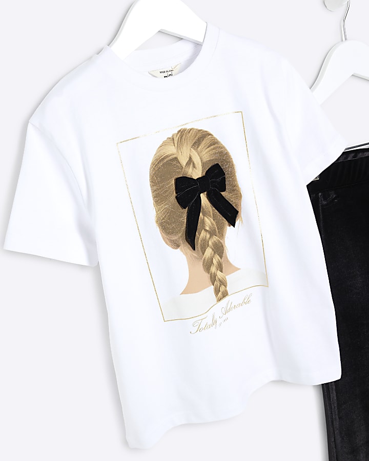 Mini Girls White Velvet Bow T-Shirt Set