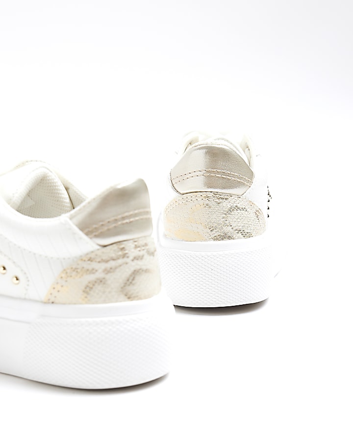 Girls White Faux Leather Snake Stud Trainers