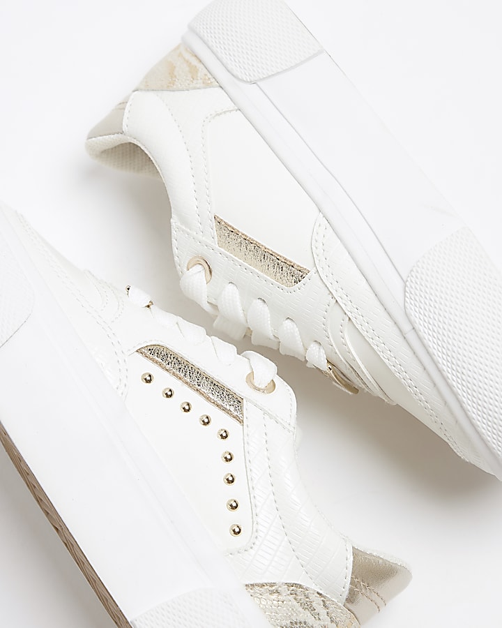 Girls White Faux Leather Snake Stud Trainers