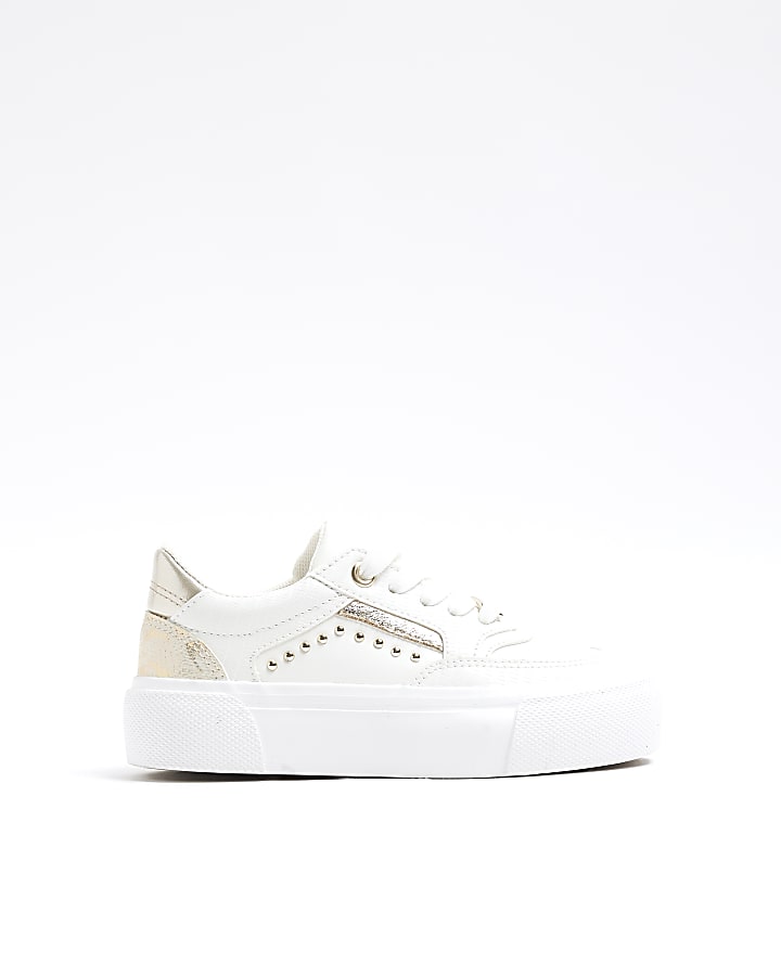 Girls White Faux Leather Snake Stud Trainers