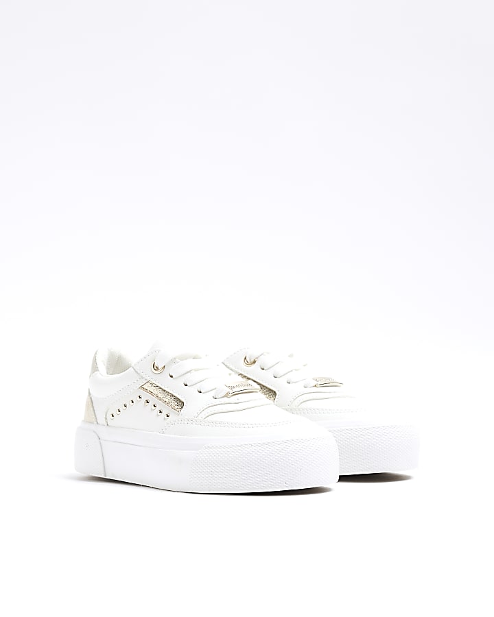 Girls White Faux Leather Snake Stud Trainers