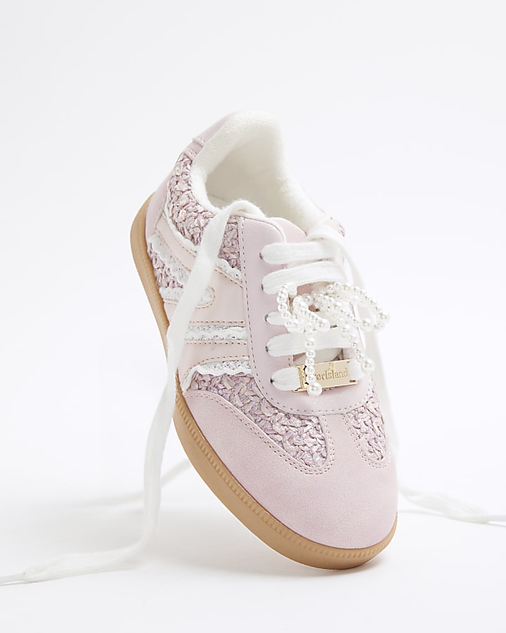 Girls Pink Raffia Pearl Trainers