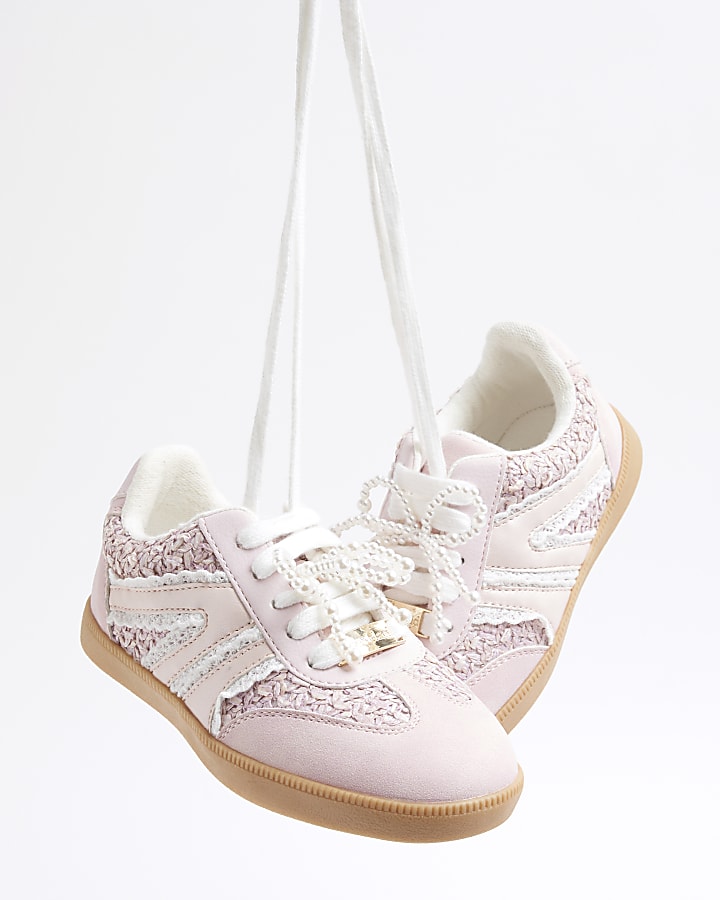 Girls Pink Raffia Pearl Trainers