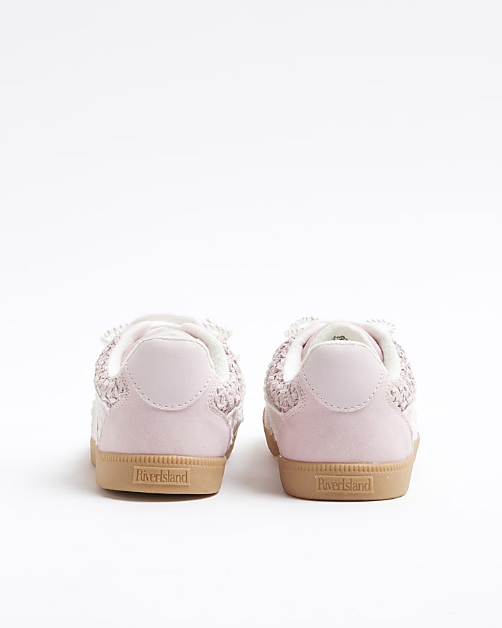 Girls Pink Raffia Pearl Trainers