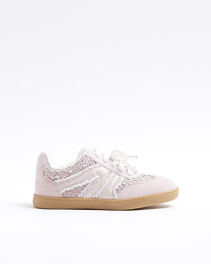 Girls Pink Raffia Pearl Trainers