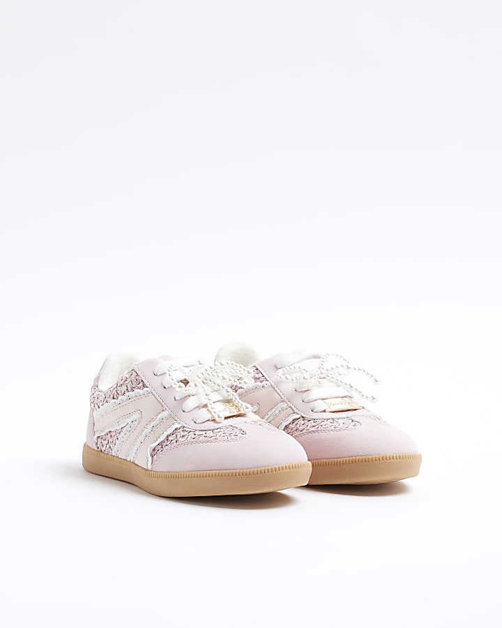 Girls Pink Raffia Pearl Trainers