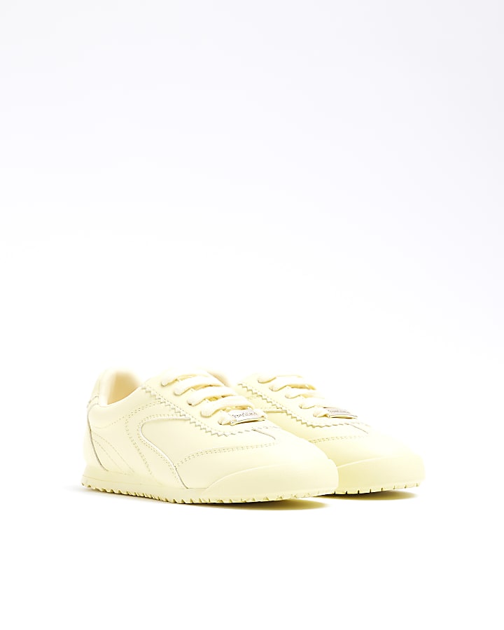 Girls Yellow Faux Leather Lace Trainers