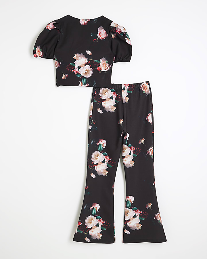 Girls Black Scuba Floral Set