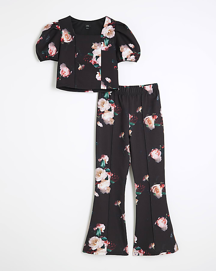 Girls Black Scuba Floral Set