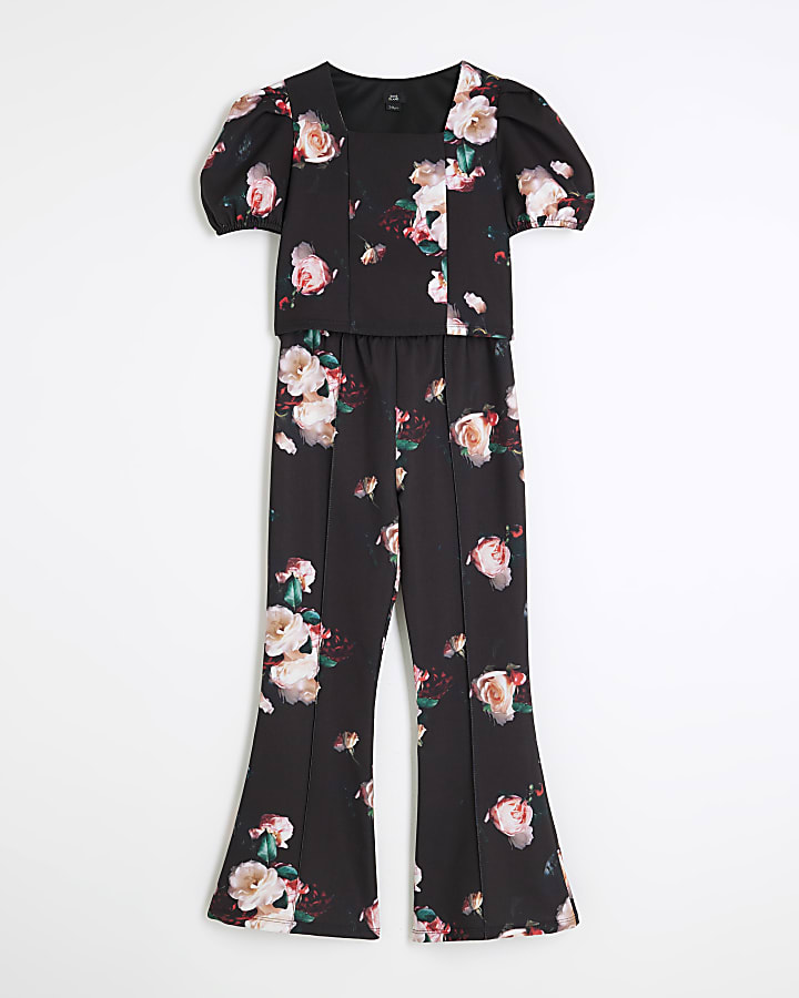 Girls Black Scuba Floral Set