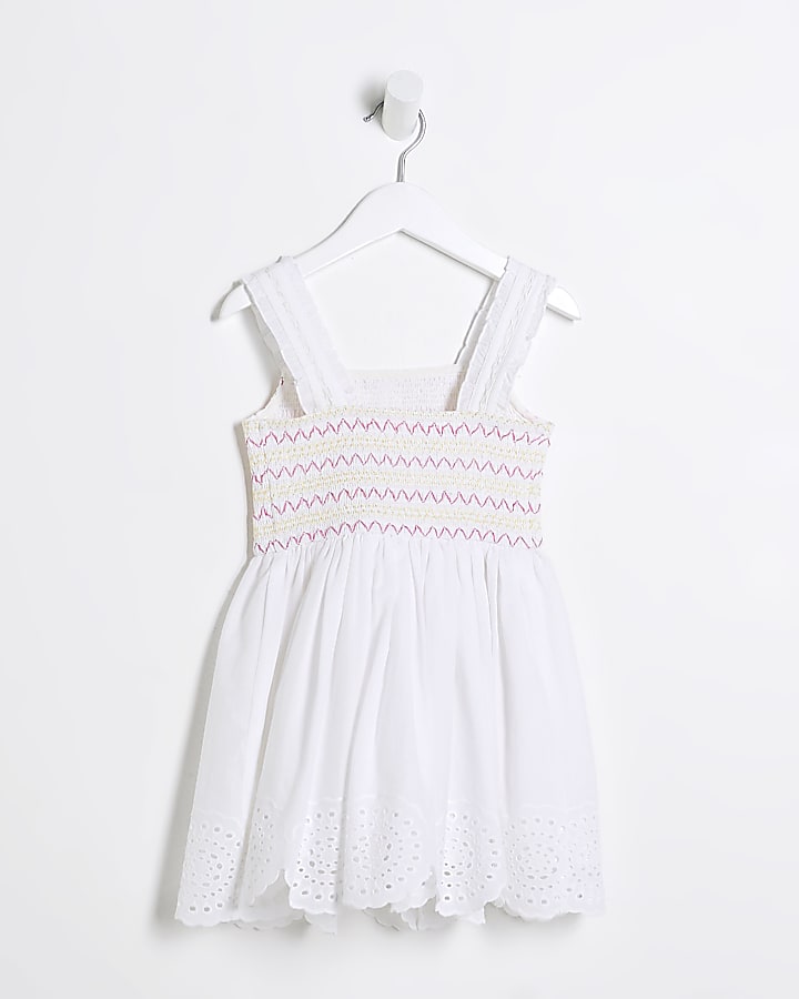 Mini Girls White Broidery Hem Skater Dress