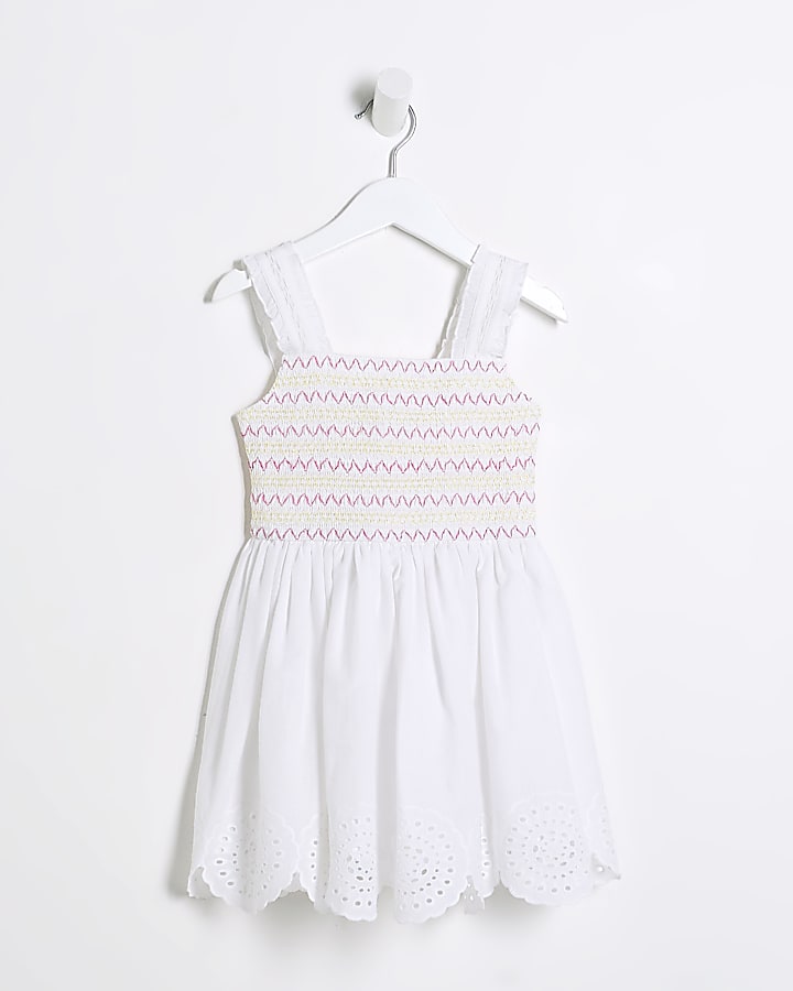 Mini Girls White Broidery Hem Skater Dress