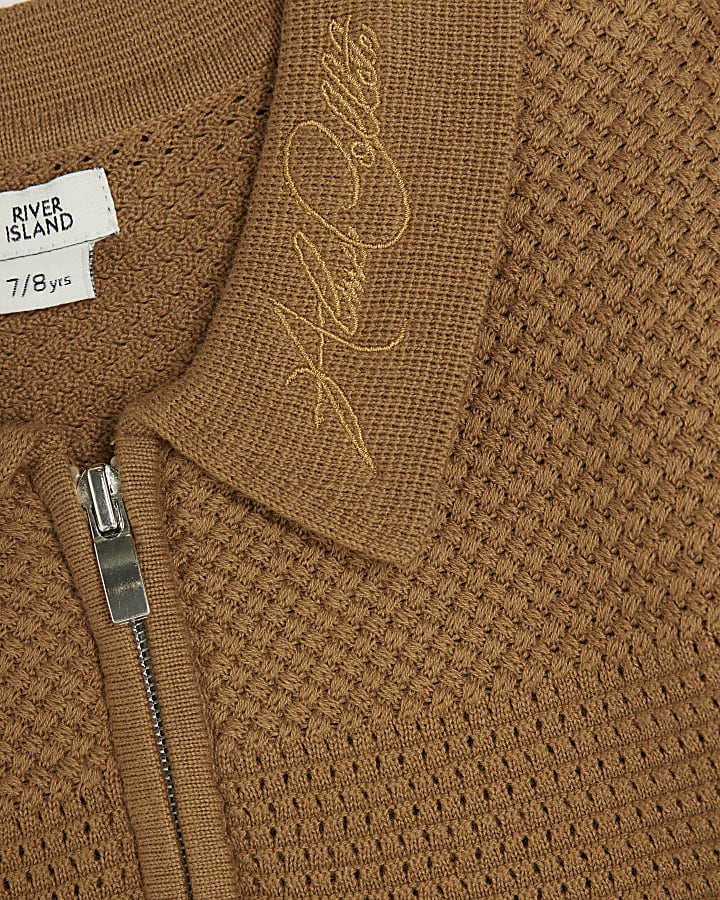 Boys Brown Textured Knitted Polo Shirt