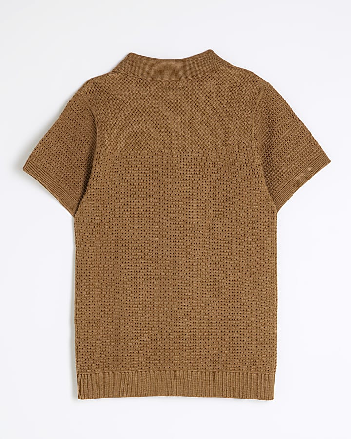 Boys Brown Textured Knitted Polo Shirt