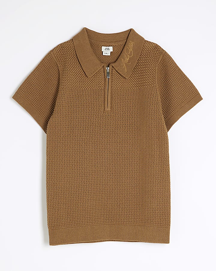 Boys Brown Textured Knitted Polo Shirt