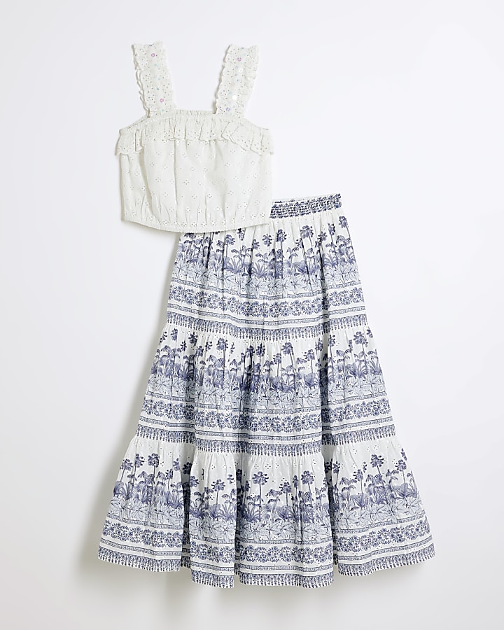 Girls White Broderie Top And Maxi Skirt Set