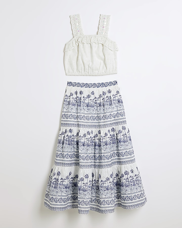 Girls White Broderie Top And Maxi Skirt Set