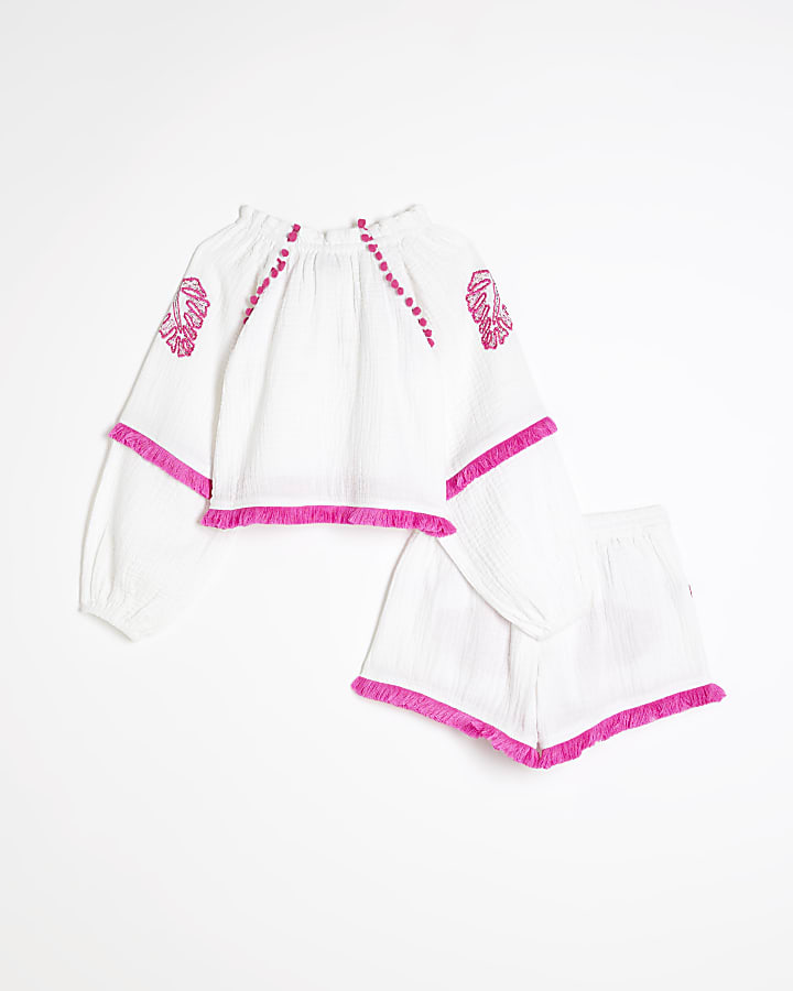 Girls White Embroidered Shorts Set