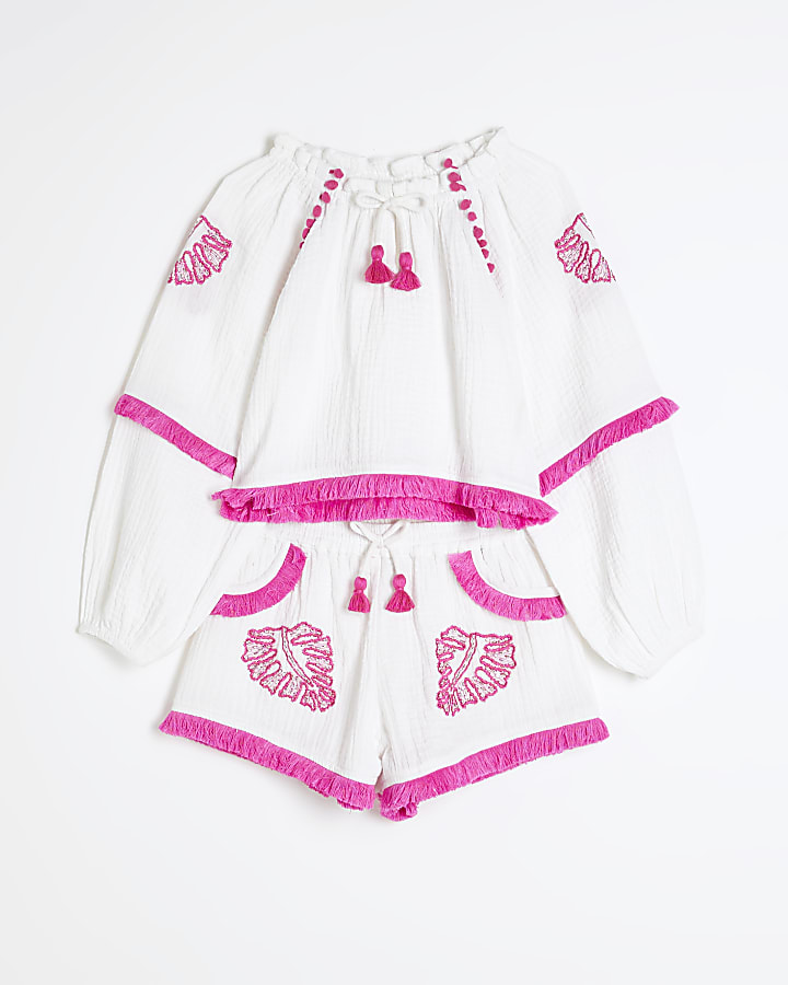 Girls White Embroidered Shorts Set