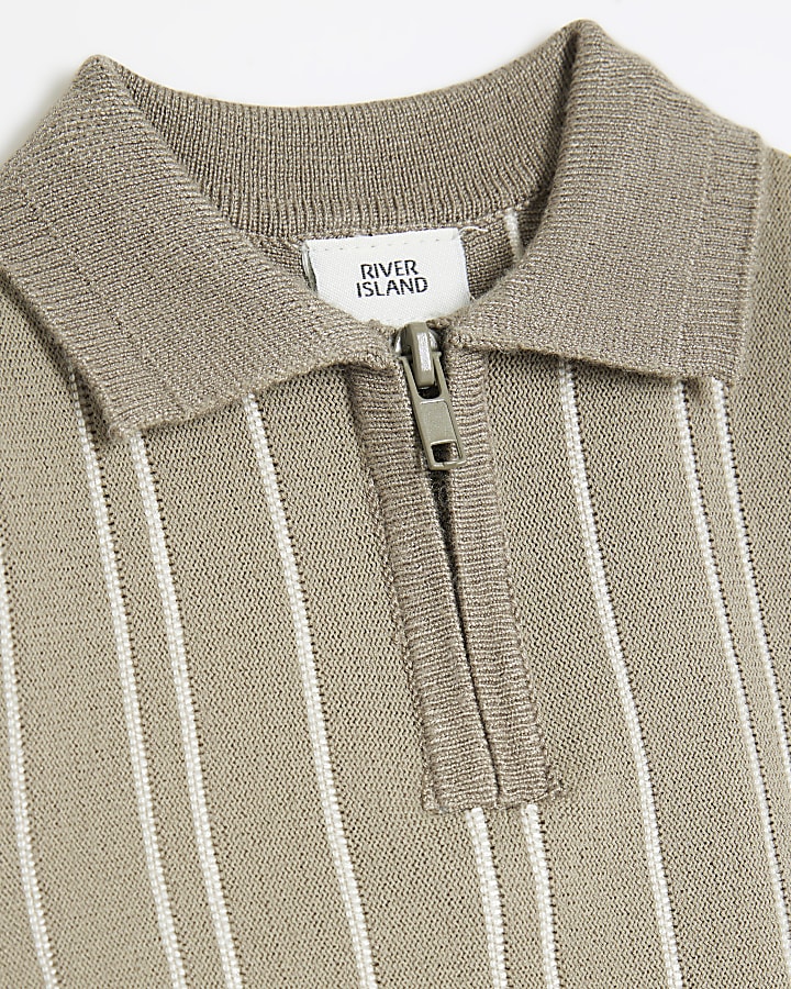 Baby Boys Khaki Knitted Stripe Polo Shirt Set