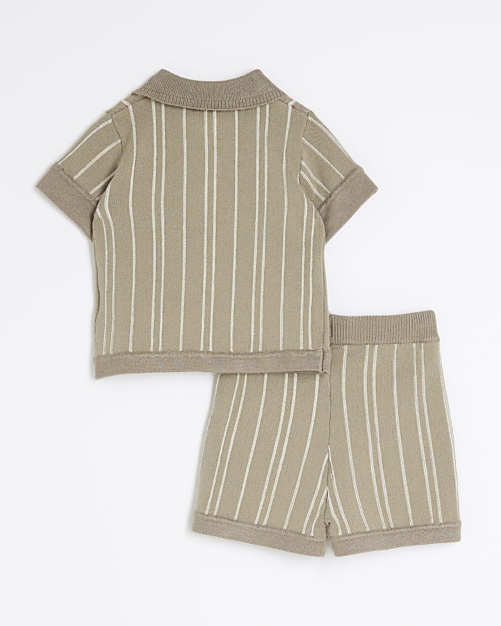 Baby Boys Khaki Knitted Stripe Polo Shirt Set